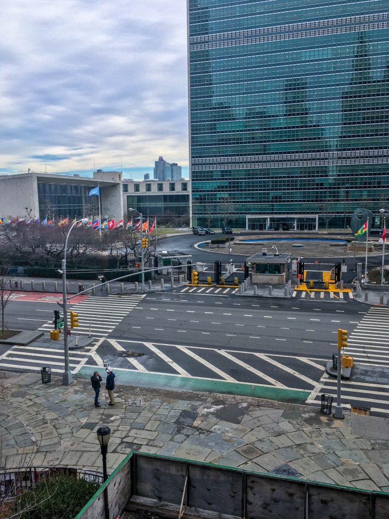 A photo of the NY street of the United Nations building