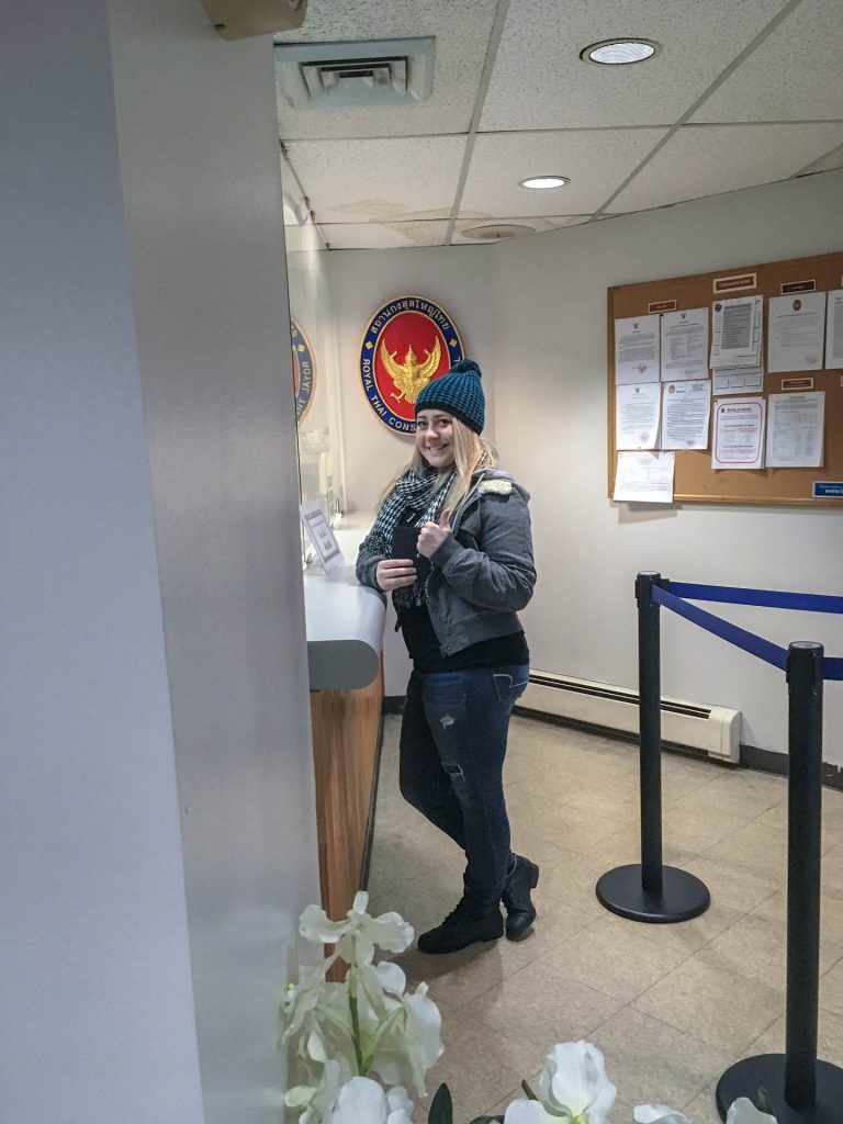 Lauren turning in her visa application at the Thai Consulate in New York City.